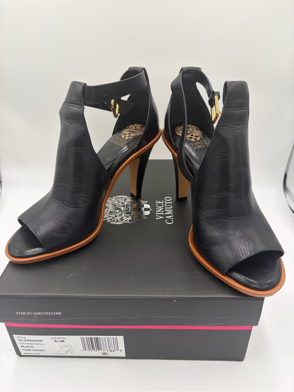 Vince Camuto Fasper Black Leather Ankle-Strap Peep-Toe Heel 8.5 Bootie Sandal - Picture 3 of 9